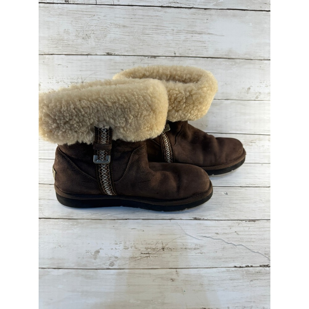 UGG Australia Brown‎ Suede Shearling Boots Woven Trim Buckle 5218 Womens 10